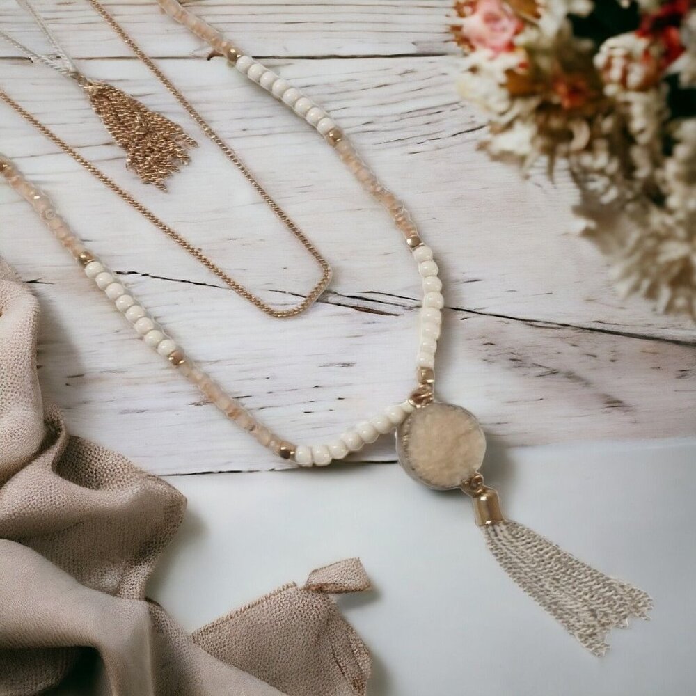 Natural Stone Pendant Beaded Fashion Women Necklace Jewelry 20 to 30 Inch Layers